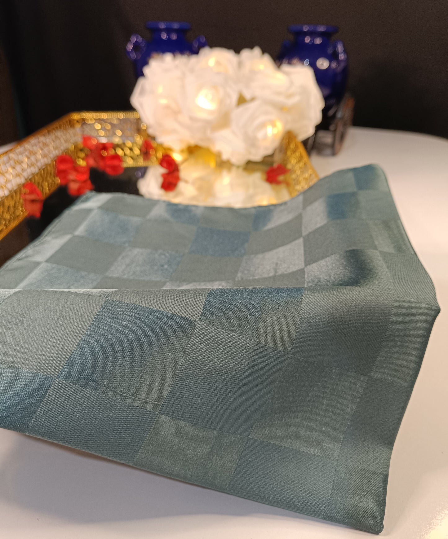 Su Yeşili Dama Desenli Jakar Eşarp