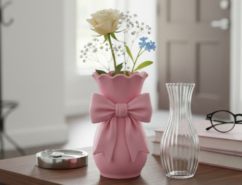 Romantik Fiyonk Detaylı Pembe Dekoratif Vazo (Coquette Stili)